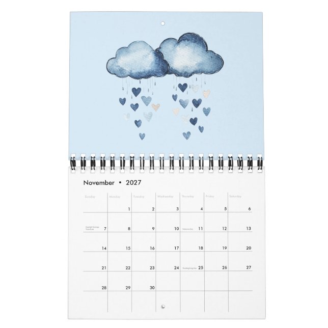Calendario Flores Rayas Corazones Mezclilla Azul Denim Falso (Nov 2027)