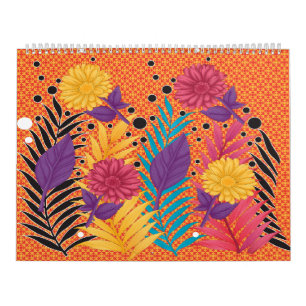 Calendario flores y hojas coloridas sobre un fondo negro