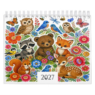 Calendario Folk Art Woodland Animals de 12 Meses