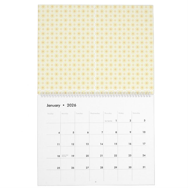 Calendario fondo amarillo y blanco con círculos pequeños (Jan 2026)