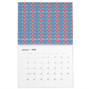 Calendario fondo azul con diseños en rojo y blanco