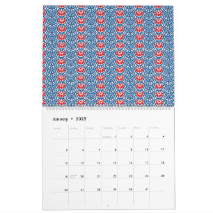 Calendario fondo azul con diseños en rojo y blanco