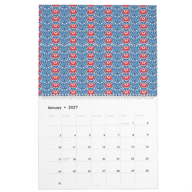 Calendario fondo azul con diseños en rojo y blanco (Jan 2027)