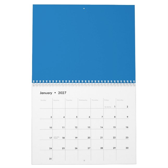 Calendario fondo azul con reloj en blanco y negro (Jan 2027)