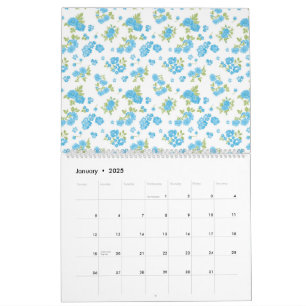 Calendario fondo blanco con flores azules y pulga verde