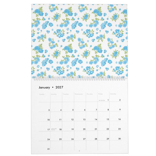 Calendario fondo blanco con flores azules y pulga verde (Jan 2027)