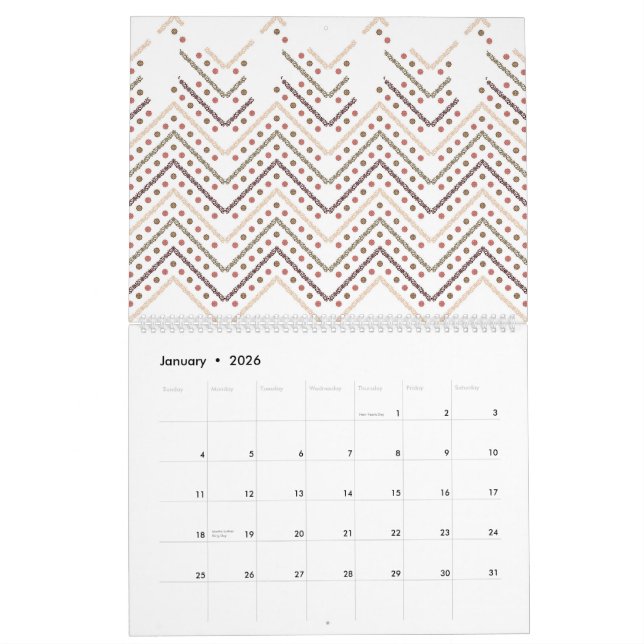 Calendario fondo blanco con puntos marrones y rojos (Jan 2026)