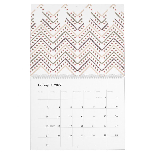 Calendario fondo blanco con puntos marrones y rojos (Jan 2027)