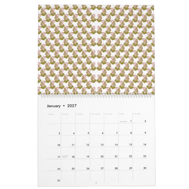 Calendario fondo blanco con un patrón de hojas verdes (Jan 2027)
