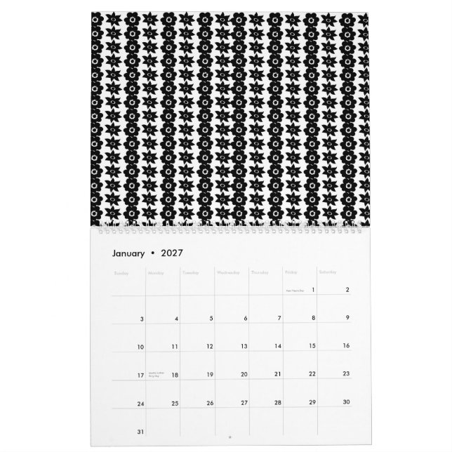 Calendario fondo blanco y negro con muchos puntos (Jan 2027)