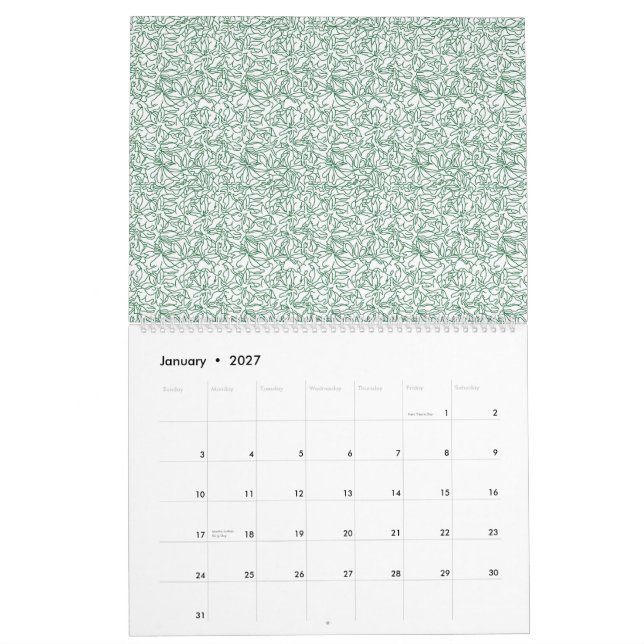 Calendario fondo verde y blanco con hojas pequeñas (Jan 2027)