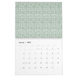 Calendario fondo verde y blanco con hojas pequeñas