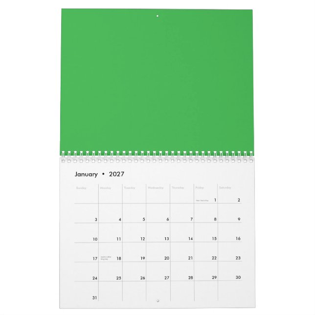 Calendario Fondo verde y borde blanco para una época moderna (Jan 2027)