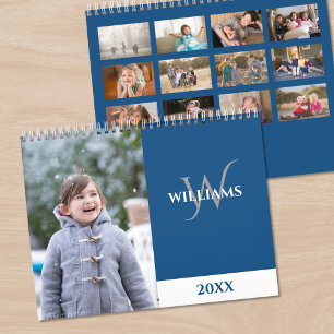 Calendario Foto Azul de Monograma Moderno
