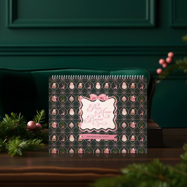 Calendario Foto de la familia de cintas rosadas de Navidad re (Retro Vintage Christmas Pink Ribbon Family Photo Calendar)