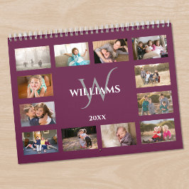 Calendario Foto de monograma personalizado magenta púrpura