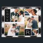 Calendario Fotos del primer año del Boda de Buffalo Check de<br><div class="desc">Calendario de collage de fotos familiares o bodas personalizadas Farmhouse Buffalo Plaid Check con las fotos de tu día de boda o de tu familia - un patrón de textura de color de agua en gris oscuro, negro y blanco roto. Un bonito mantenimiento de las imágenes dispuestas en un diseño...</div>