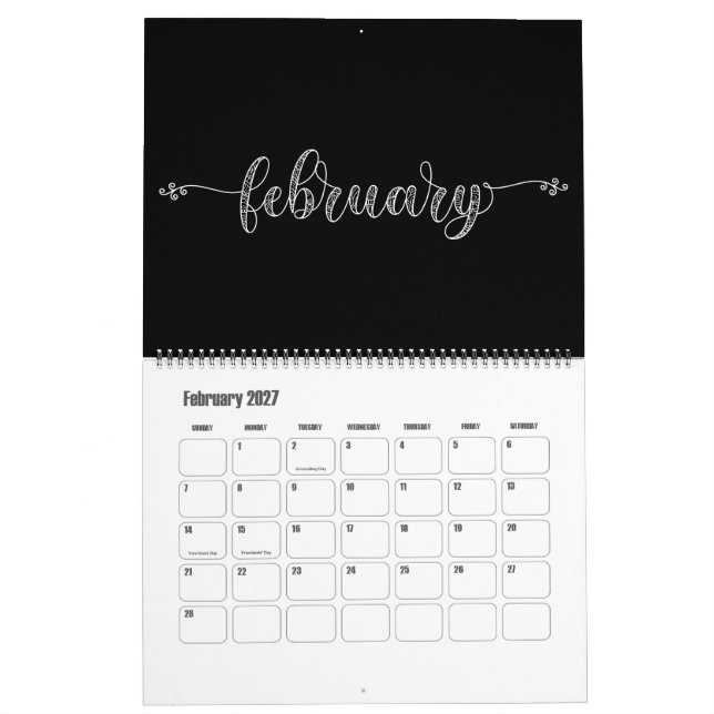 Calendario Funky moderno en blanco y negro (Feb 2027)