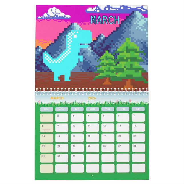 Calendario Funny Pixel Gamer Pixelated- Dinosaur Illustration (Mar 2026)
