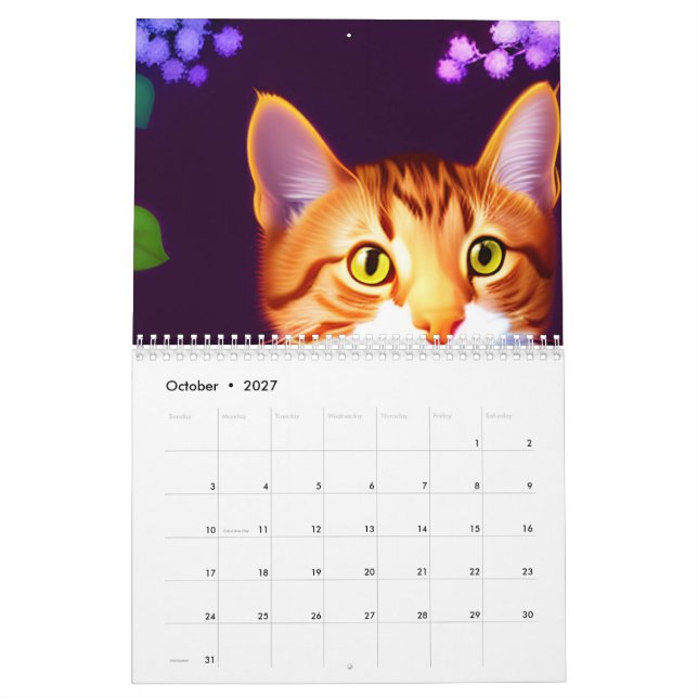 Calendario Gato artístico y flores acuáticas cambiantes (Oct 2027)