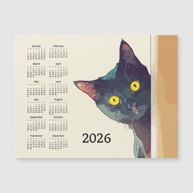 Calendario Gato Furtivo 2026 Tarjeta Magnética (Anverso)