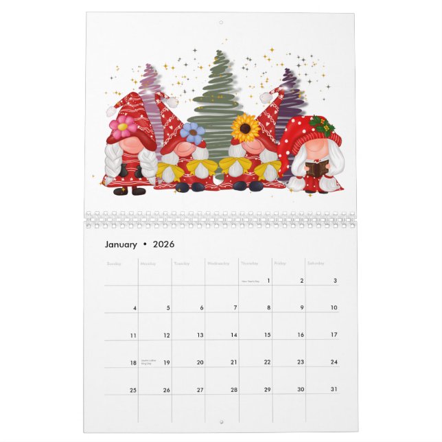Calendario Gnome Cualquier año Diversión Adorable  (Jan 2026)