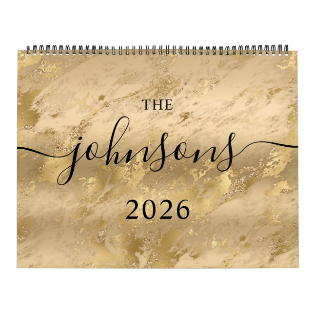 Calendario Gold Glam Marble Moderno Script Name Photo (Tapa)