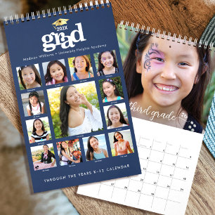 Calendario Graduación Navy Gold K–12 Colaje de Fotos 15 Meses