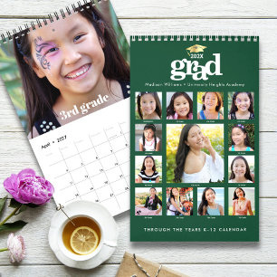 Calendario Graduación Verde Oro Colaje de Fotos K–12 15 Meses