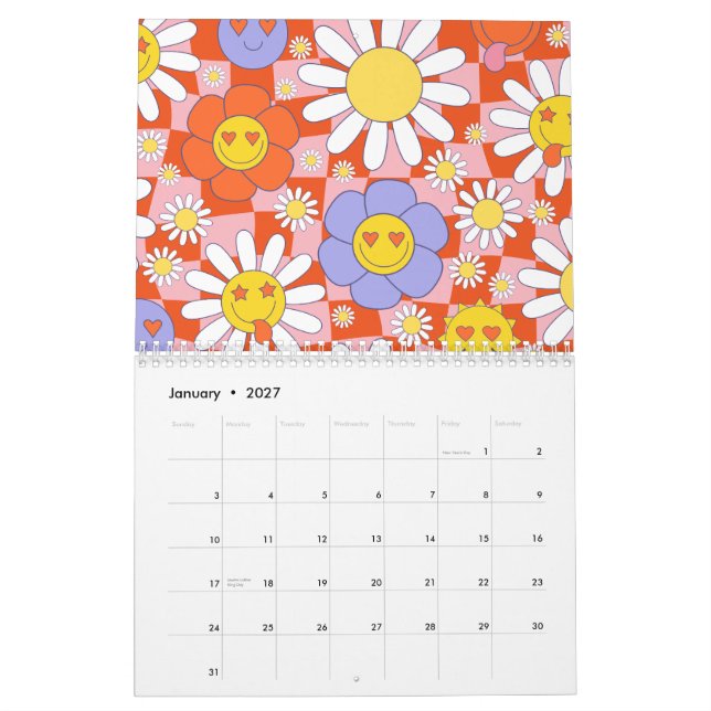 Calendario Groovy Daisy Floral Checkerboard, años 90 (Jan 2027)