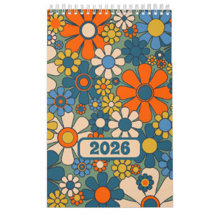 Calendario Groovy Retro 60 Patrón floral 70 2025