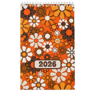Calendario Groovy Retro 70s Floral 2027 Marrón y Naranja
