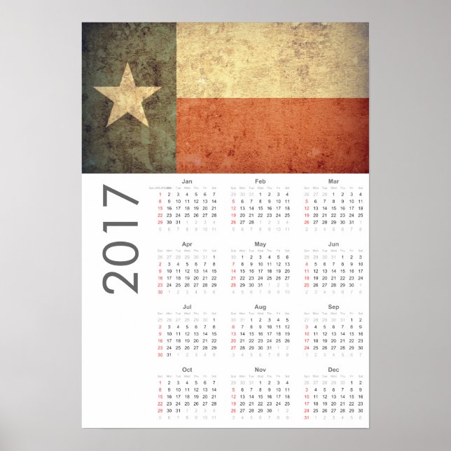 Calendario Grunge Bandera de Texas Póster 2017 (Frente)