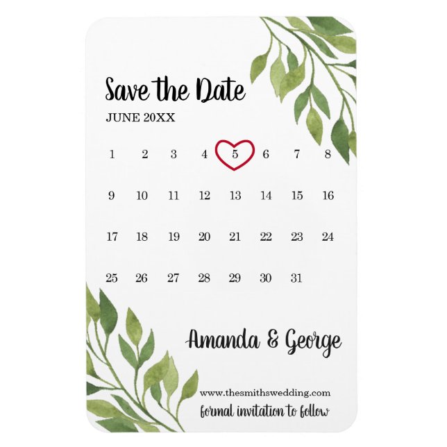 Calendario Guardar el imán de fecha | boda verde (Vertical)