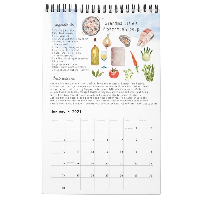 Calendario Heirloom Keepsake de la receta familiar | Acuarela (Jan 2021)