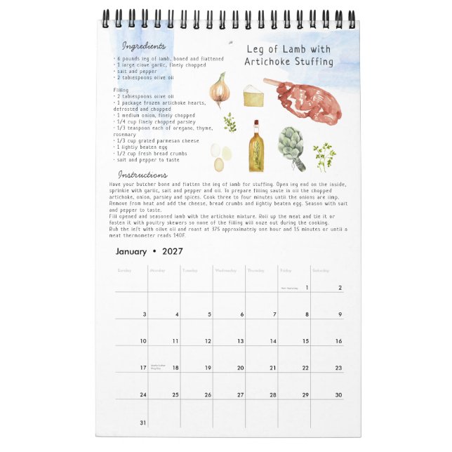 Calendario Heirloom Keepsake de la receta familiar | Acuarela (Jan 2027)