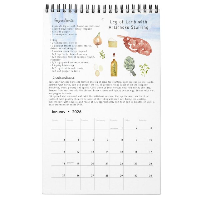 Calendario Heirloom Keepsake de la receta familiar | Acuarela (Jan 2026)