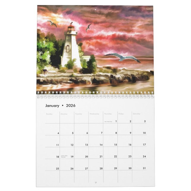 Calendario Hermosa costa de faro náutico con atardecer rosa (Jan 2026)