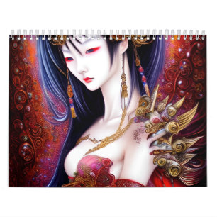 Calendario Hermoso Chica japonés Gótico Fantasía Triptych