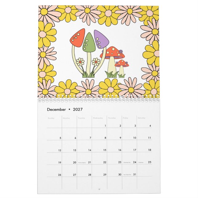 Calendario Hippie Groovy hongos y flores retro 70 (Dec 2027)
