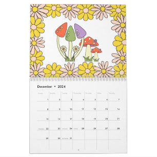 Calendario Hippie Groovy hongos y flores retro 70