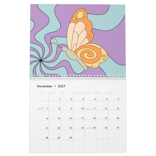 Calendario Hippie Groovy Wave Butterfly retro 70 (Nov 2027)