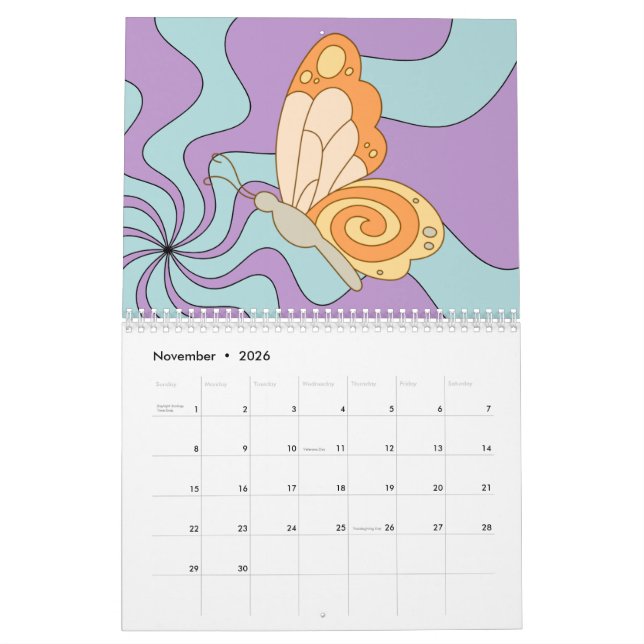 Calendario Hippie Groovy Wave Butterfly retro 70 (Nov 2026)