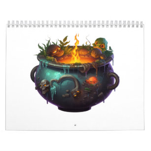 Calendario horno de bruja con cráneo de halloween