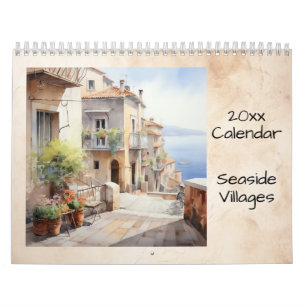 Calendario Ilustración de pueblos costeros en acuarela