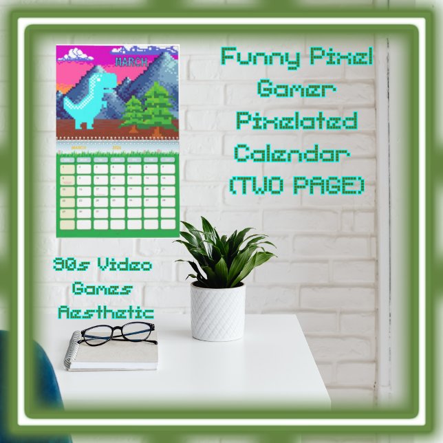 Calendario Ilustración divertida de dinosaurio pixelado para  (Funny Pixel Gamer Pixelated- Dinosaur Illustration (Two Page) Calendar Style Colorful Seasons; )