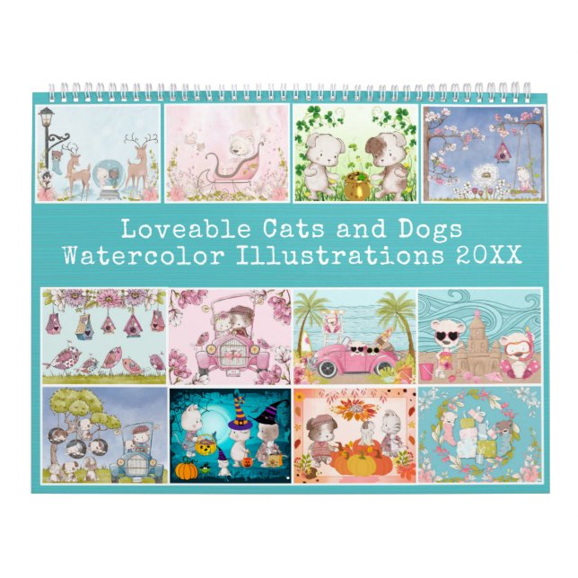 Calendario ilustraciones de acuarela adorable "gatos y perros (Tapa)