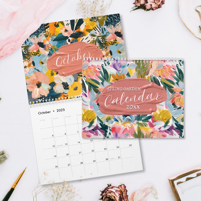 Calendario Jardín de primavera Resumen Pintura Floral 2025 (Botanical floral oil painting calendar with abstract flower paintings in vibrant colors.)