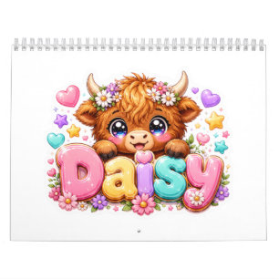 Calendario Linda Vaca Highland Dainty Nombre Rosa Pastel Fl