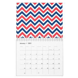 Calendario Líneas Rojas Azules Blancas en Zig Zag Geométrico 